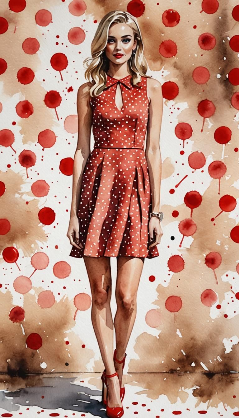 Watercolor Painting: Blonde Girl in Polka Dot Dress
