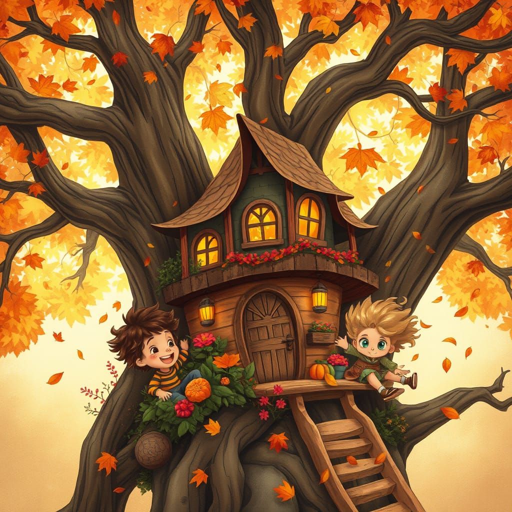 Enchanted Oak Treehouse with Whimsical Fall Wonderland