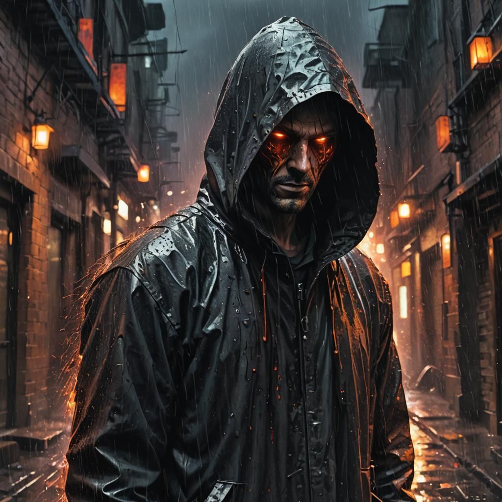 Ember-Eyed Figure in Rain-Soaked Alleyway