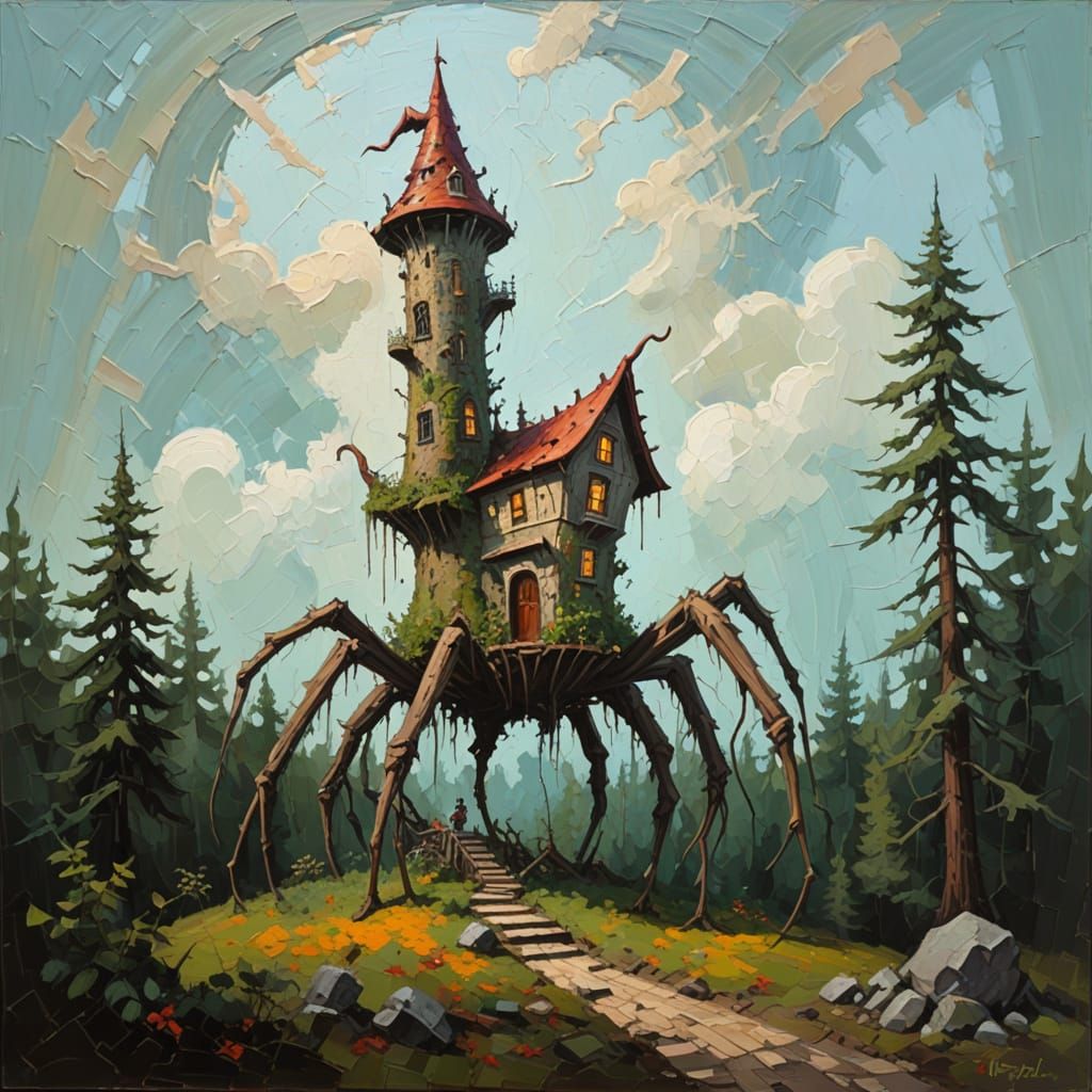 Whimsical Wizard Tower Walking on Spider Legs