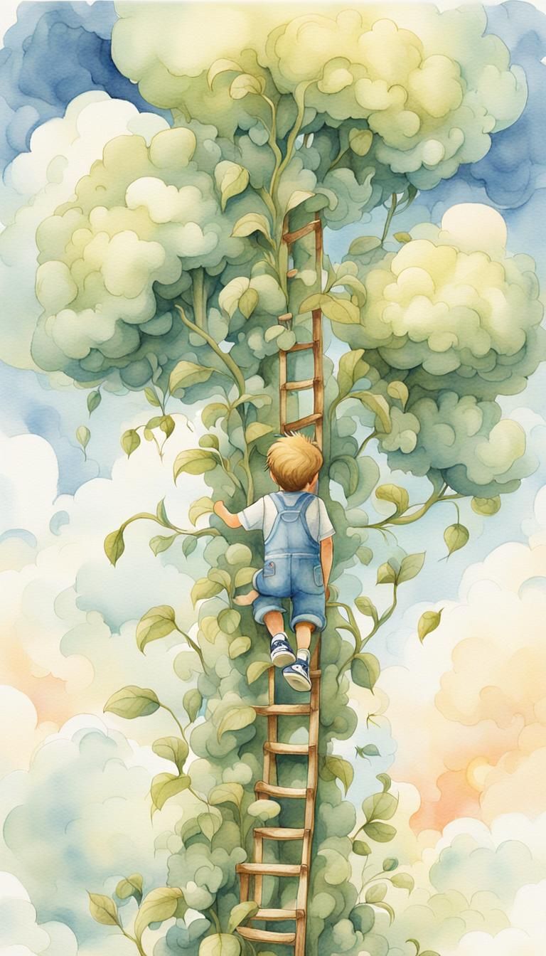 Boy Climbing Beanstalk in Dreamy Watercolor Illustration