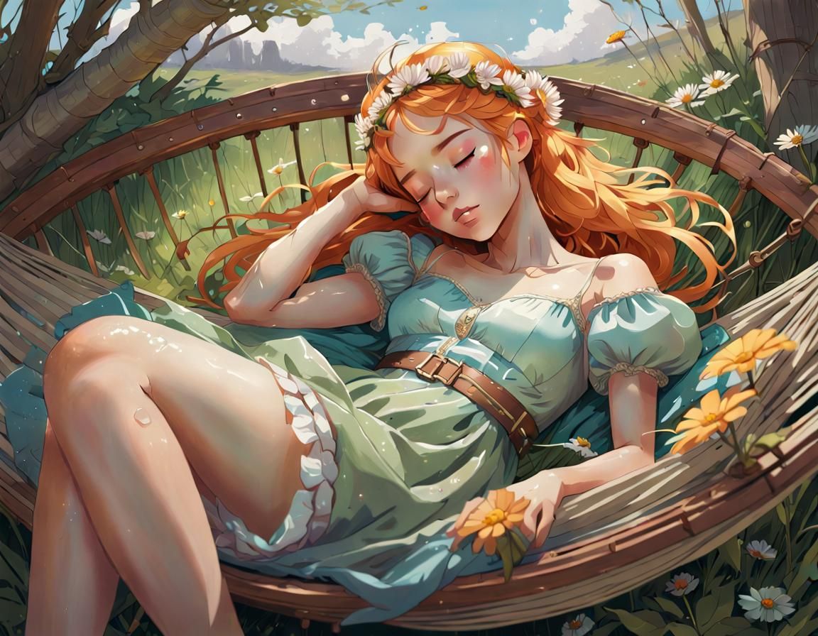 Flower Princess Sleeping in Prairie Hammock in Manga Style