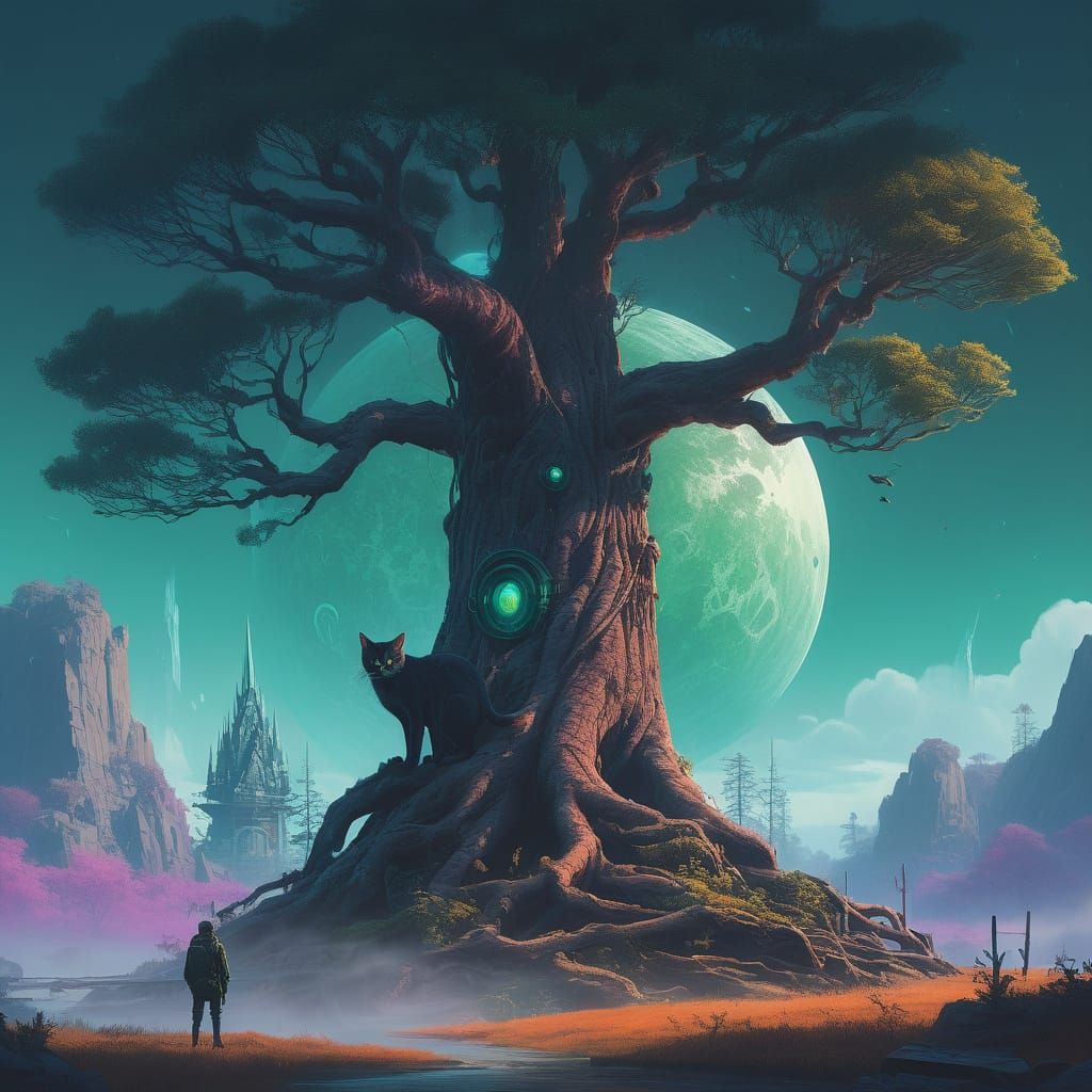 Ethereal Feline Guardian Amidst Celestial Spires