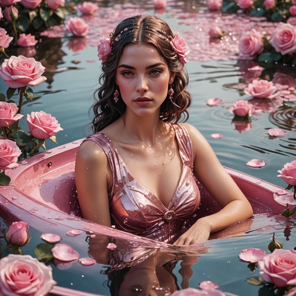 Art Nouveau Portrait of Woman in Pink Boat