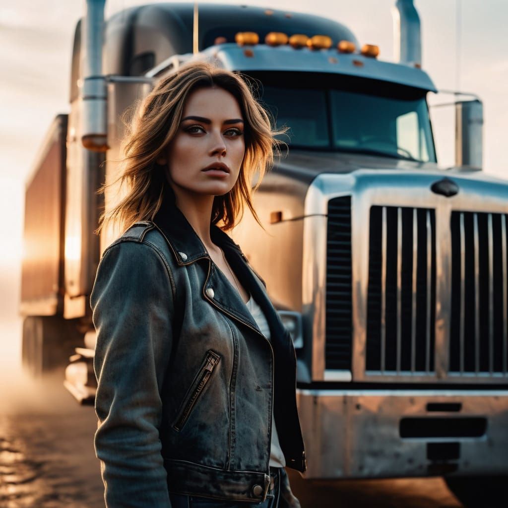 Girl Stands Beside Big Rig Truck in Misty Landscape