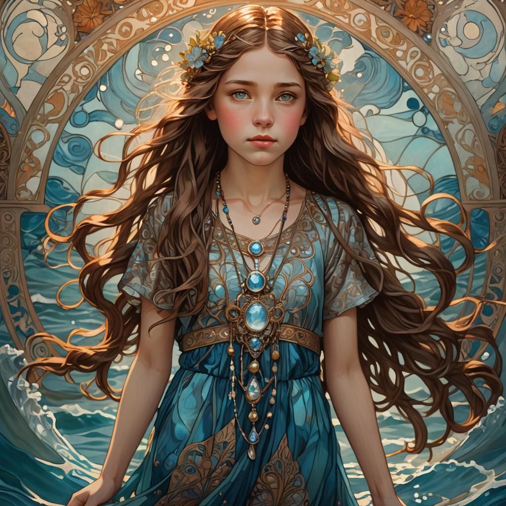 Girl Walking on Water in Art Nouveau Style