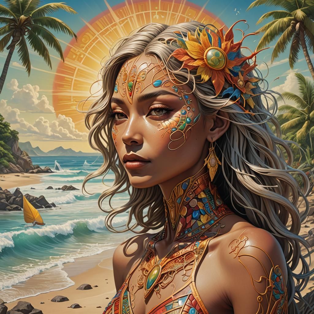 Anthropomorphic Woman on Caribbean Beach: Surrealist Art