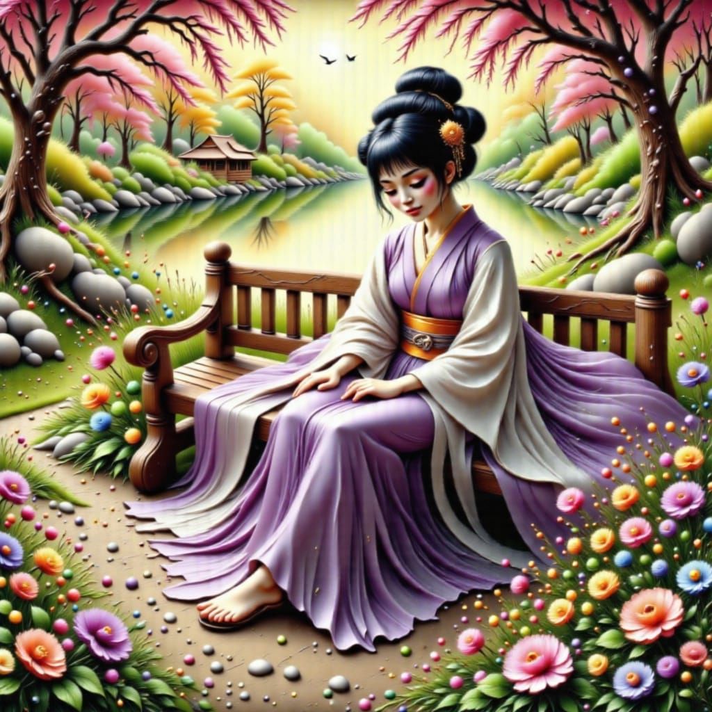 Girl with Purple Hair in Park, Art Nouveau Style