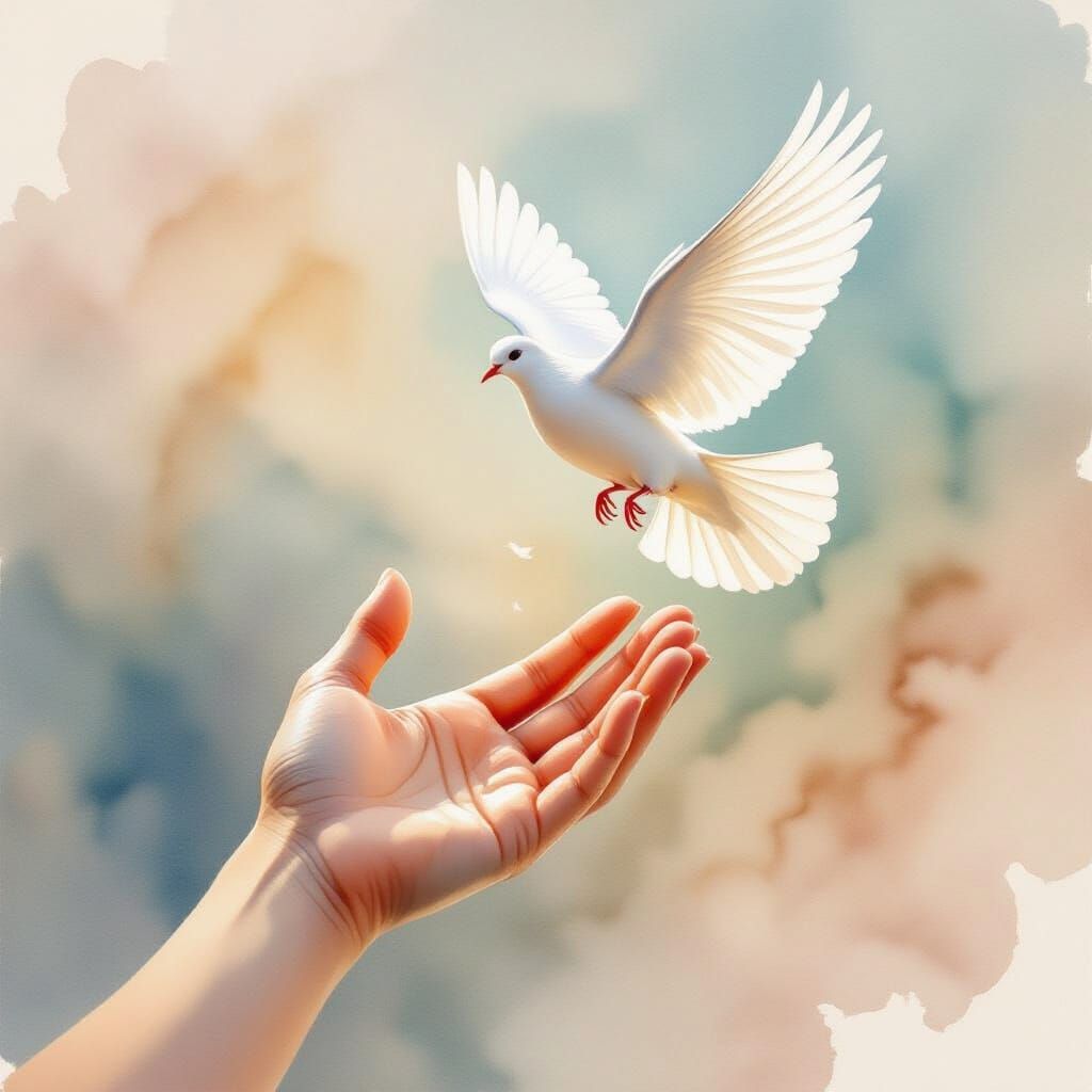 Human Hand Releasing Dove in Ethereal Watercolor Style