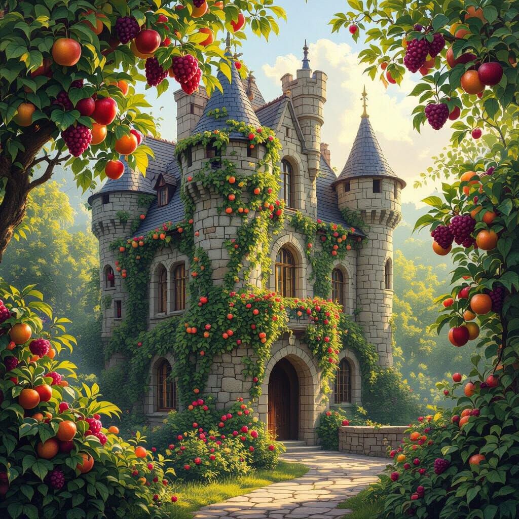 Majestic Ivy Castle Amidst Jewel-Toned Fruit Trees