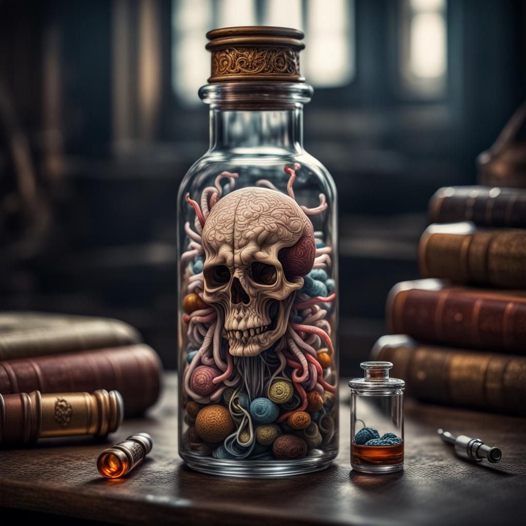 Infected Vial of Wisdom: Hyperrealistic Fantasy Art