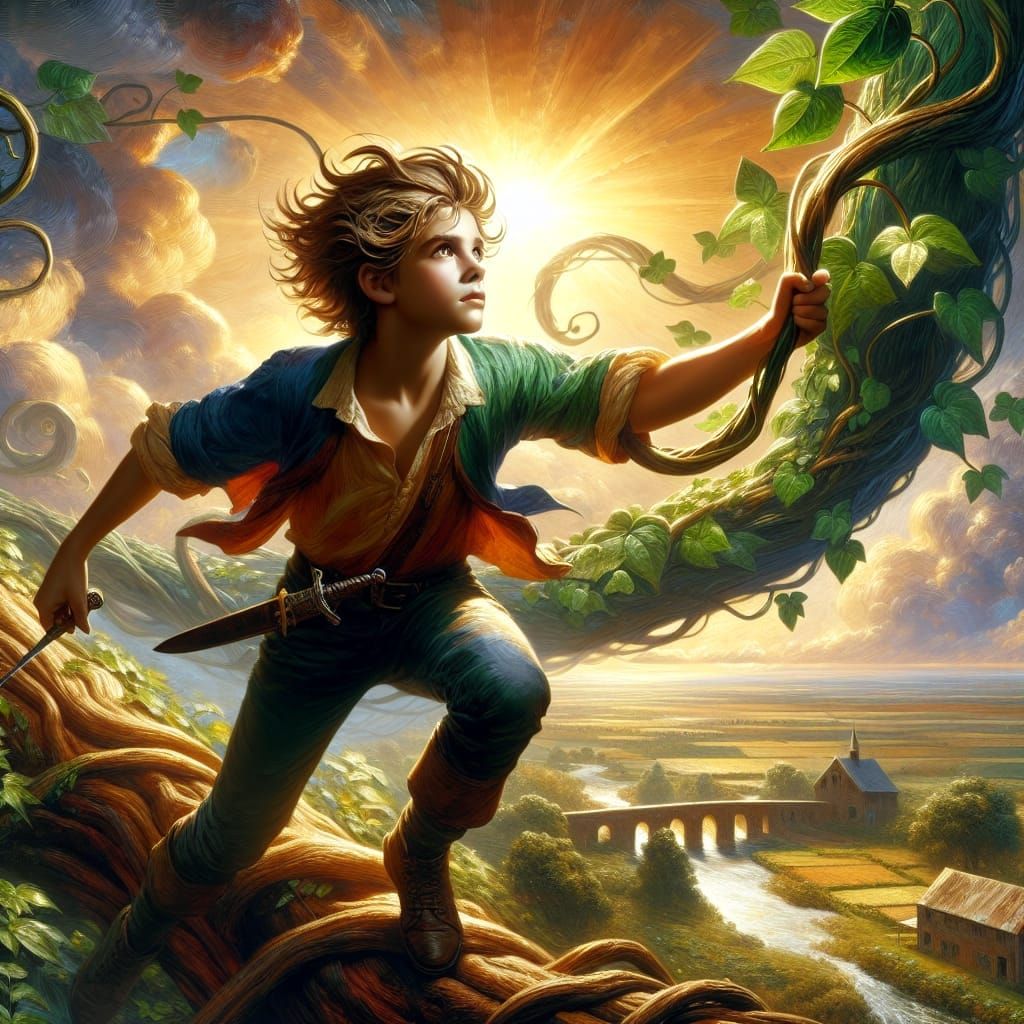 Young Adventurer Climbs Magical Vines in Golden Light