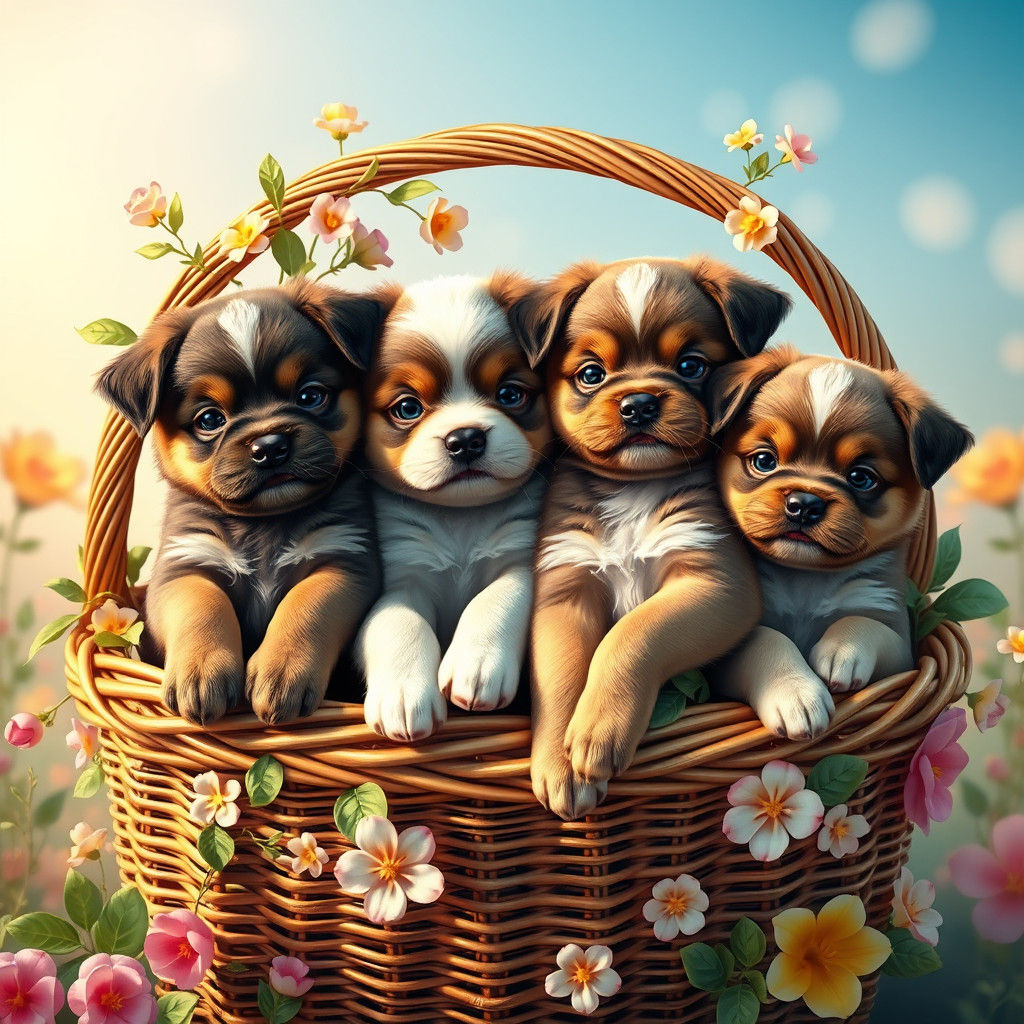 Cute Puppies in Basket, Whimsical Matte Painting