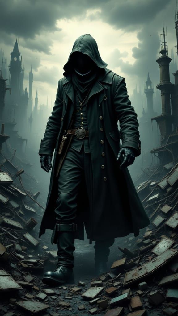 Plague Doctor Searches Rubble in Smokey Aftermath