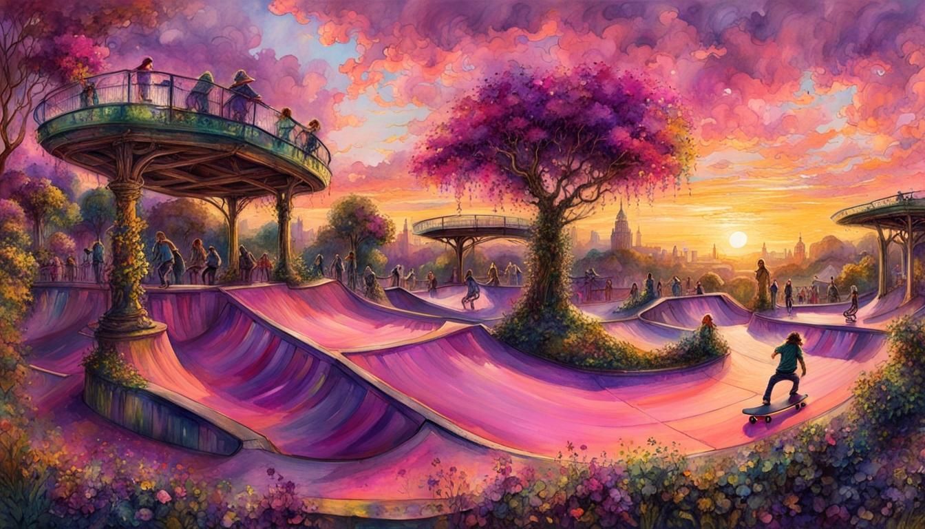 Sunset Skatepark: Aetherpunk Watercolor Art