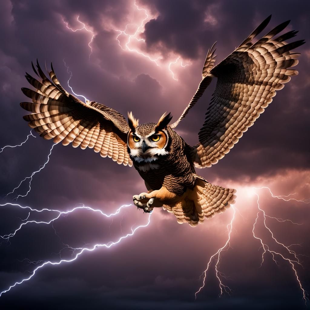 Great Horned Owl as Storm God in Flight