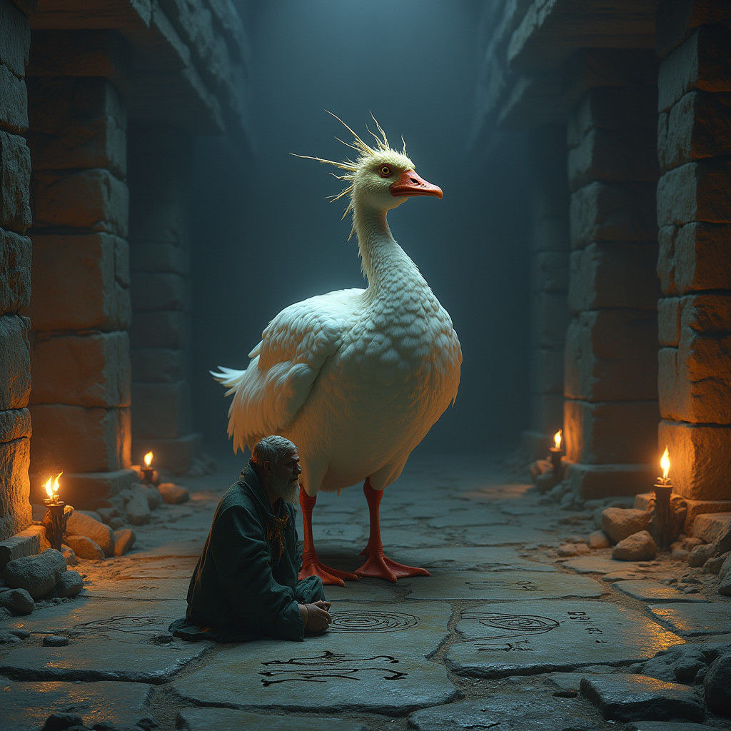 Regal Goose Guarding Prisoner in Fantasy Setting