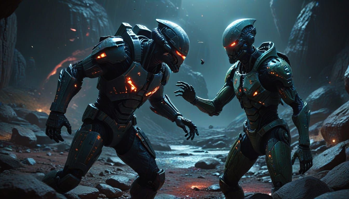 Intense Battle on a Distant Moonlit Planet in Hyperrealistic...