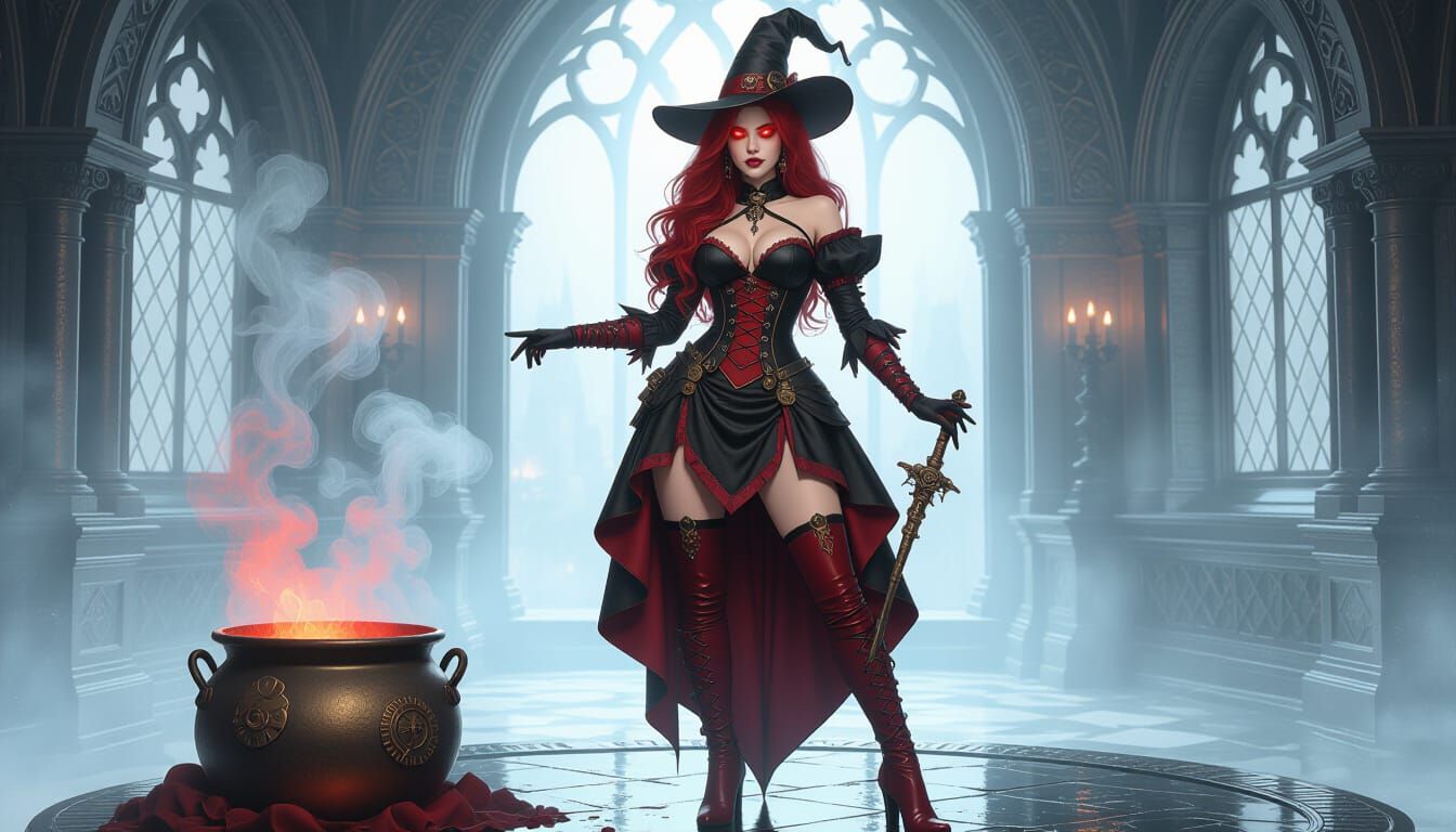 Gothic Steampunk Witch With Blood Red Hair And Cauldron