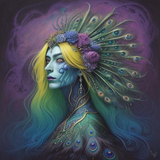 Surreal Peacock Woman Portrait in Abstract Expressionism