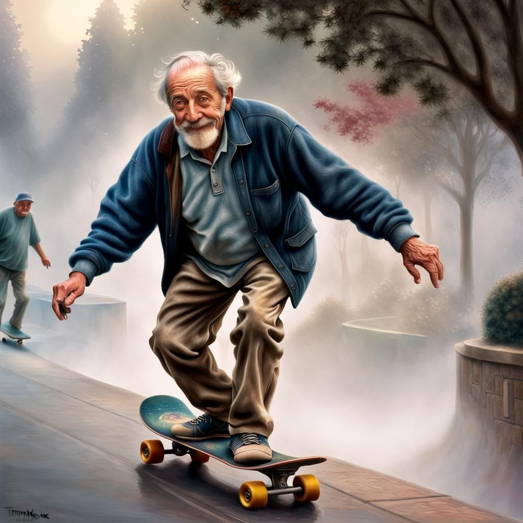 Hyperrealistic Old Man Skateboarding in Kinkade Style
