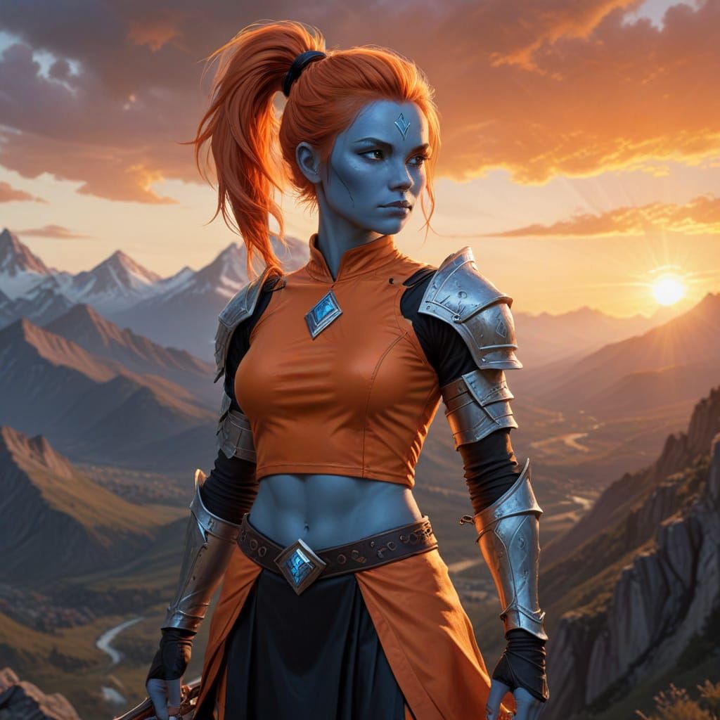 Blue-Skinned Warrior at Sunset: Fantasy Oil Painting