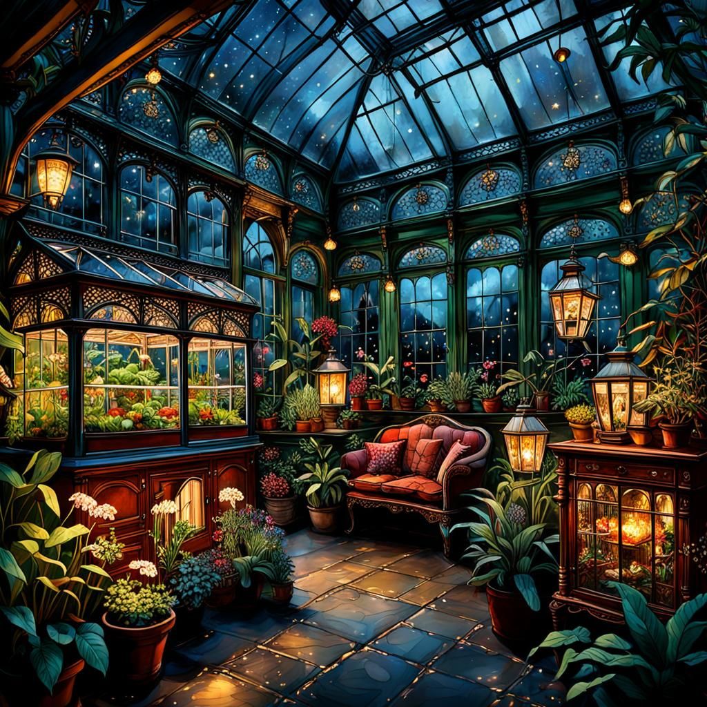 Enchanted Glasshouse Interior at Night with Fairy Lights