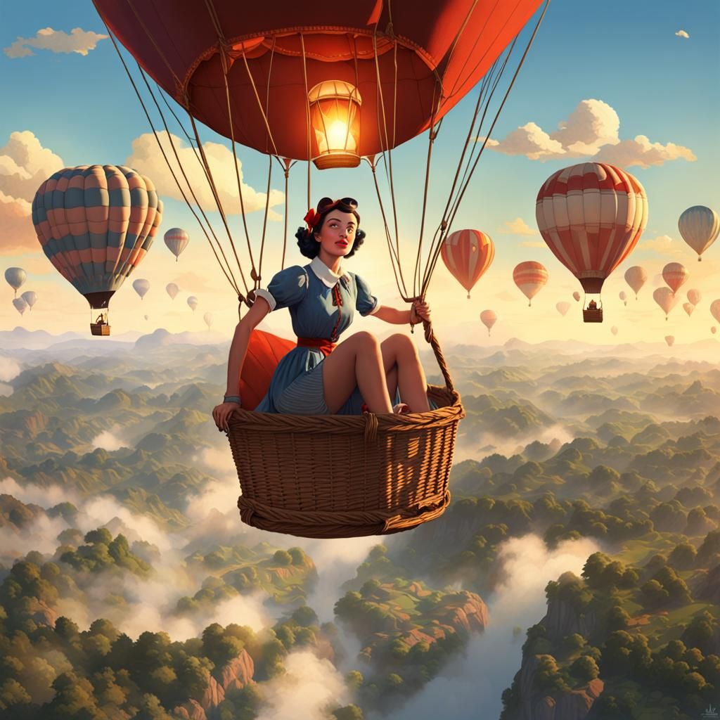 Woman in Hot Air Balloon: Digital Illustration