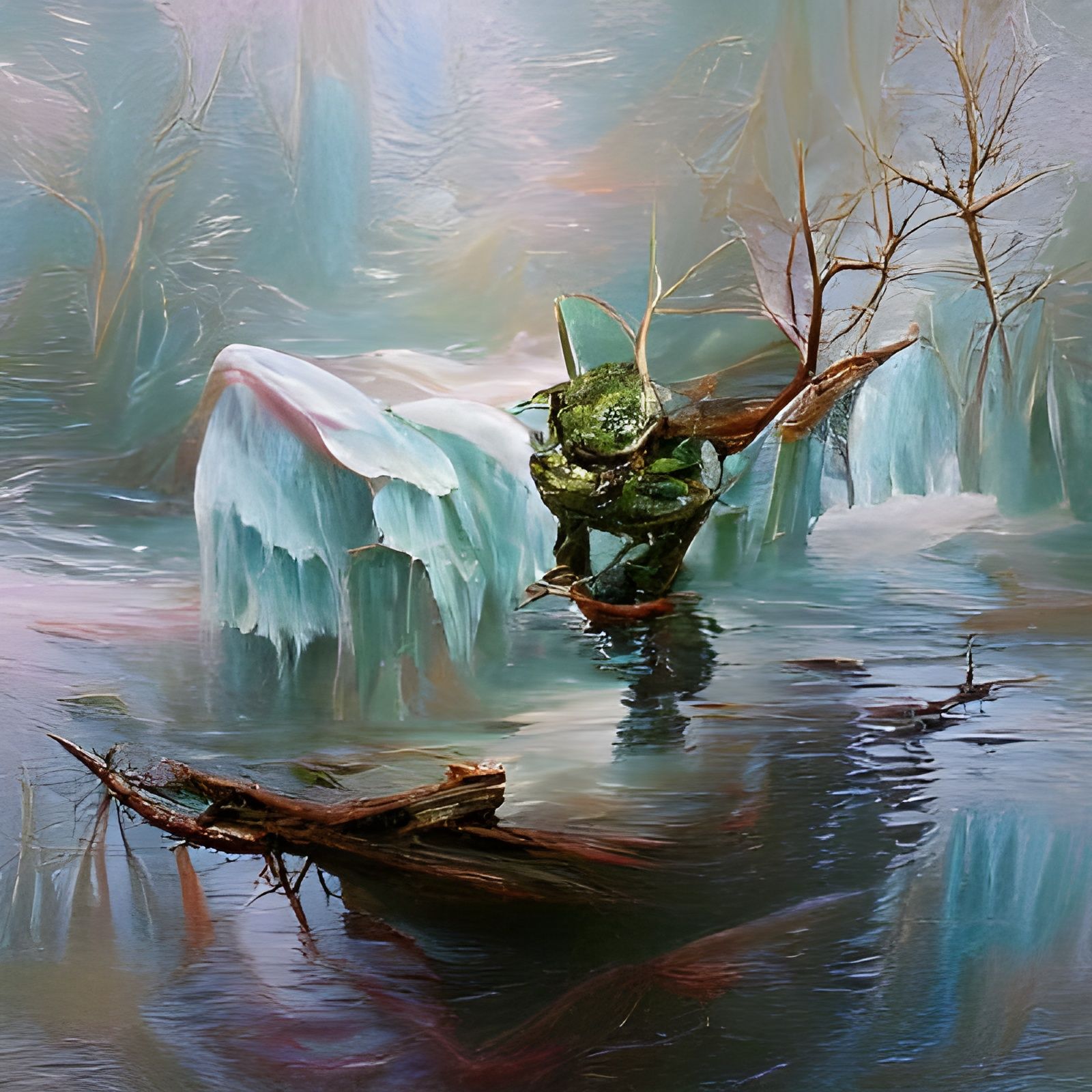 Evil Goblin Floats in Icy Forest: Oil Painting