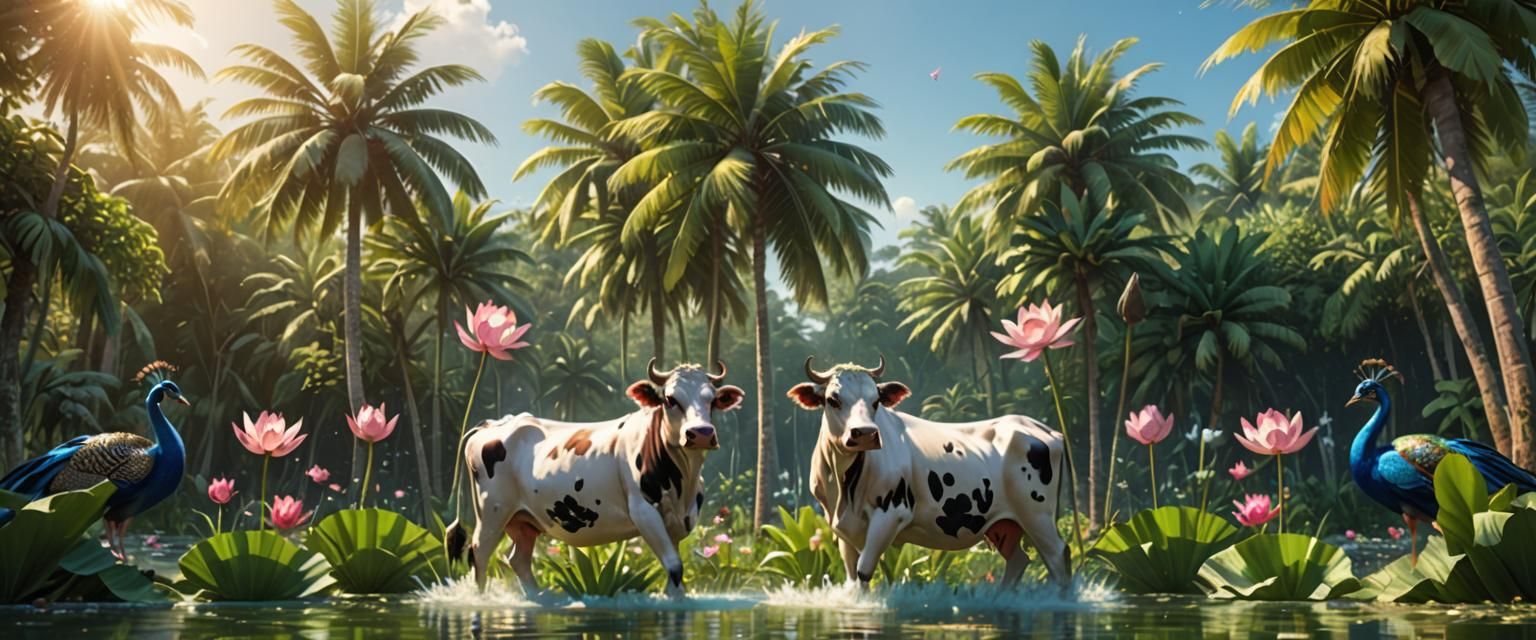 Cow and Peacock in Tropical Anime Art Style