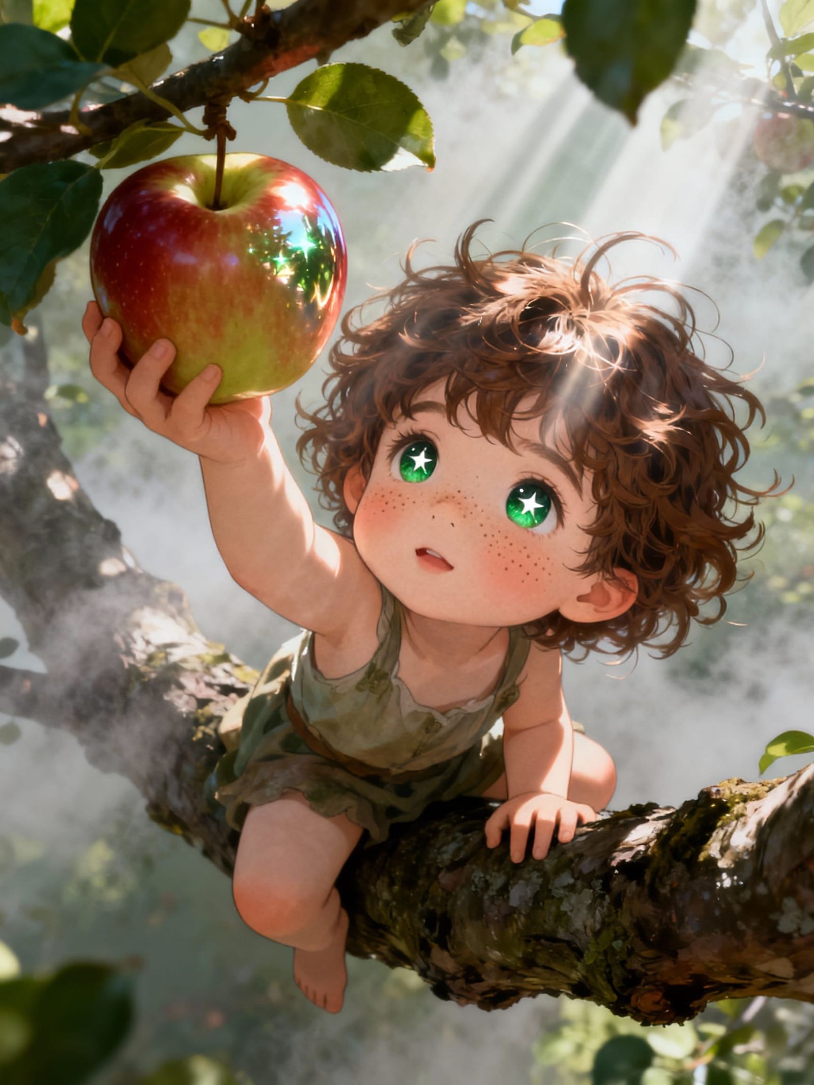 Adorable Child Plucks Juicy Apple in Manhwa Style