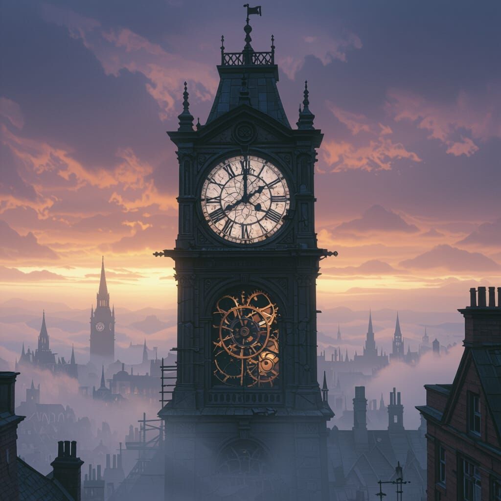 Ancient Clock Tower in Foggy Victorian City, Dark Fantasy Co...