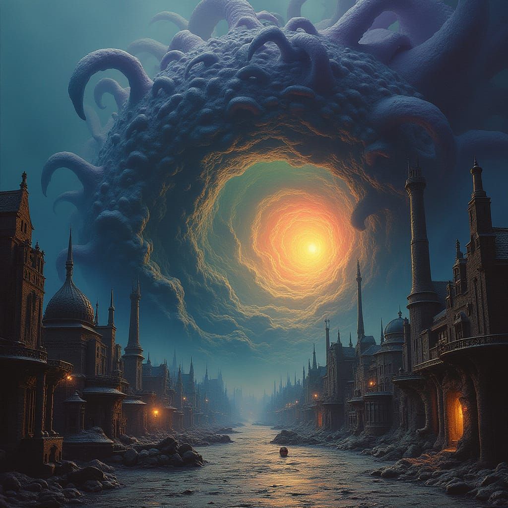 Eldritch Metropolis Enveloped by Swirling Vortex