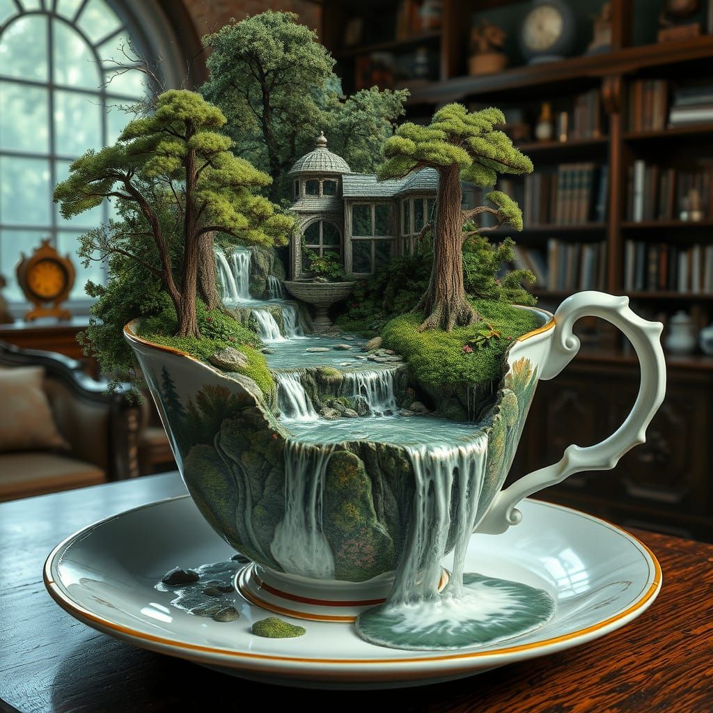 Surreal Landscape Flowing From Broken Teacup
