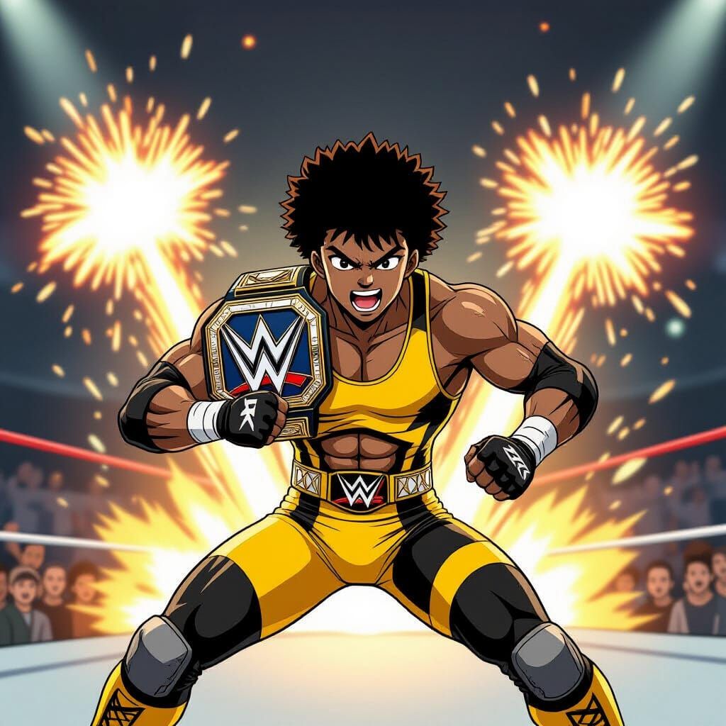 Anime Wrestler with Championship and Pyro in Shonen Style