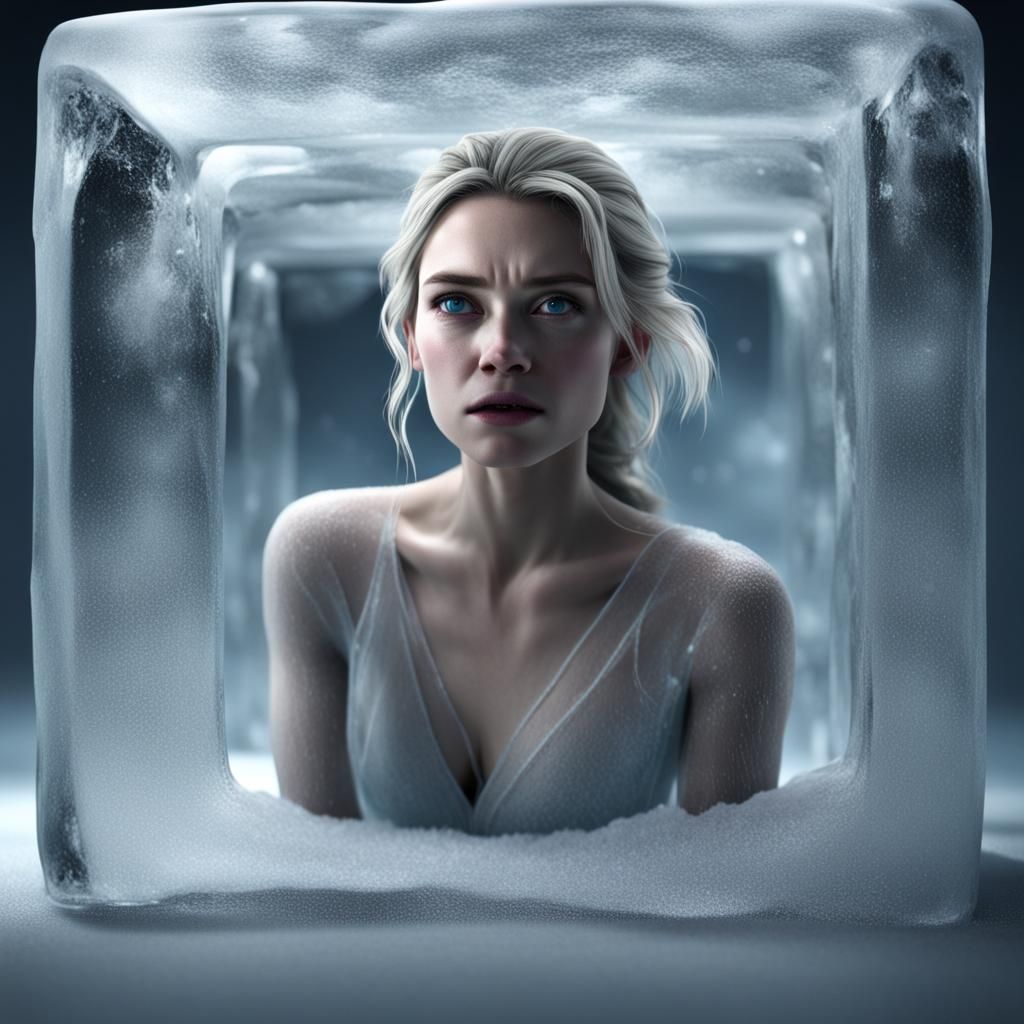 Woman Frozen in Ice Cube: Emotional Cinematic Scene
