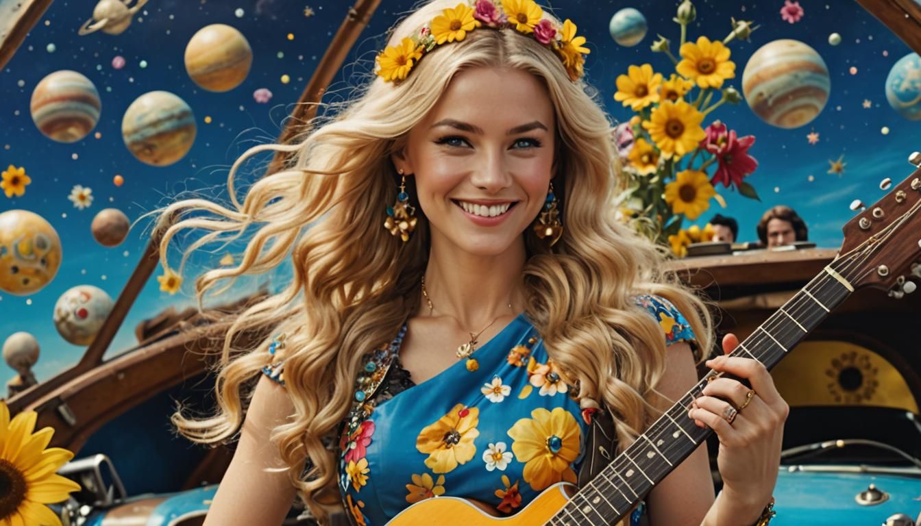 Blonde Woman with Guitar on Flower Power Spaceship