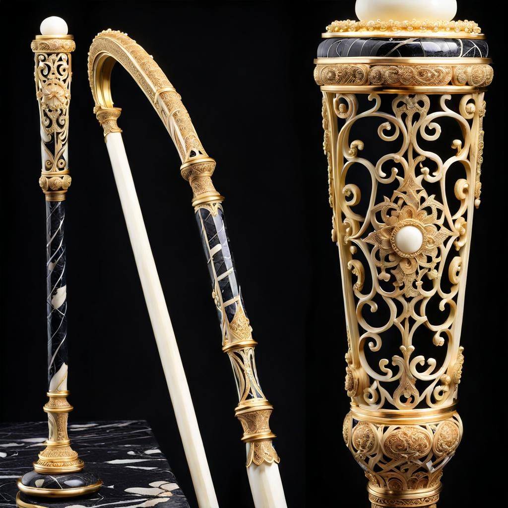 Exquisitely Carved Ivory Staff on Marble Altar