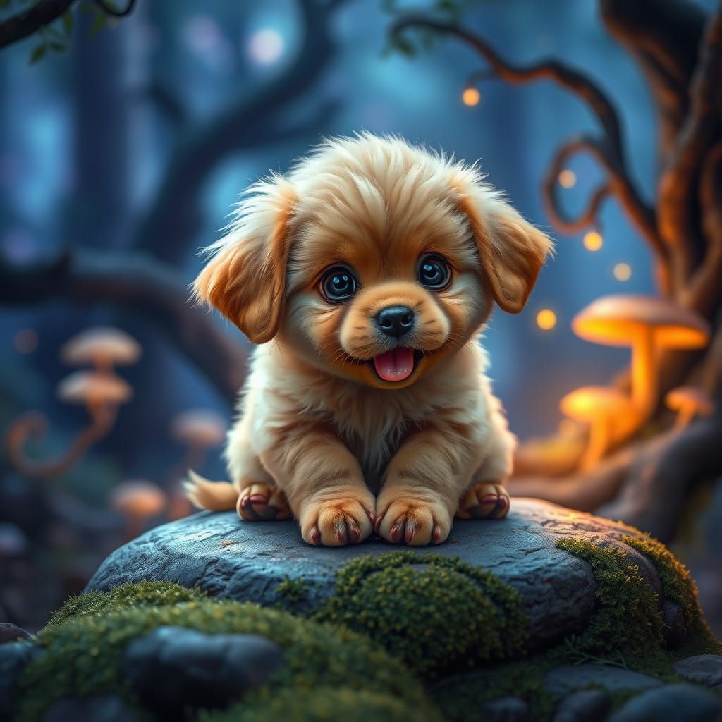 Whimsical Puppy Seeks Belly Rubs in Enchanted Forest