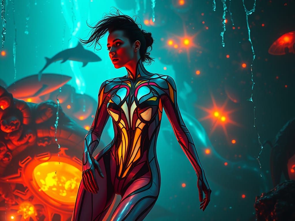 Futuristic Woman in Bioluminescent Alien Ocean