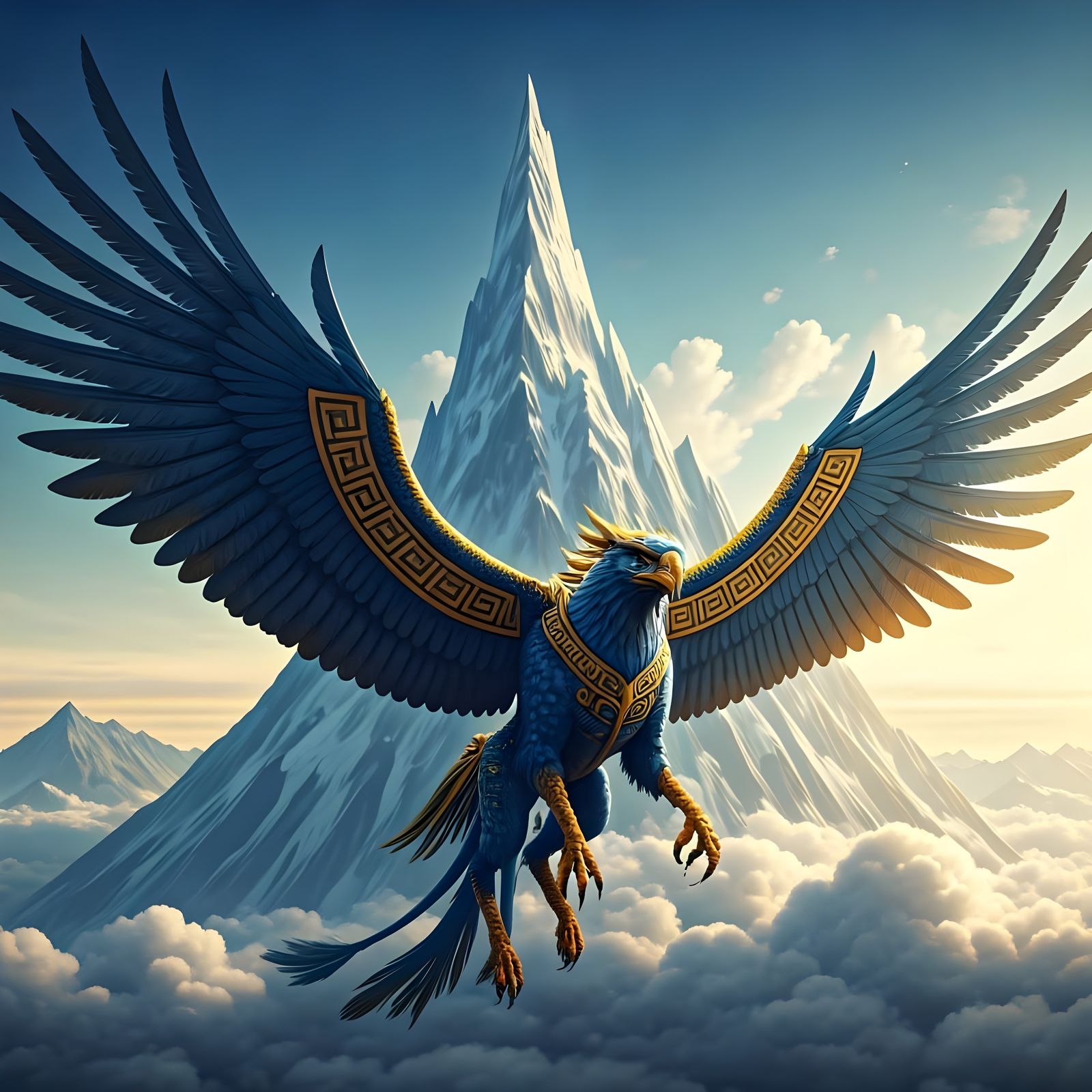 Blue Griffin Soars Through Golden Skies with Majestic Greek....