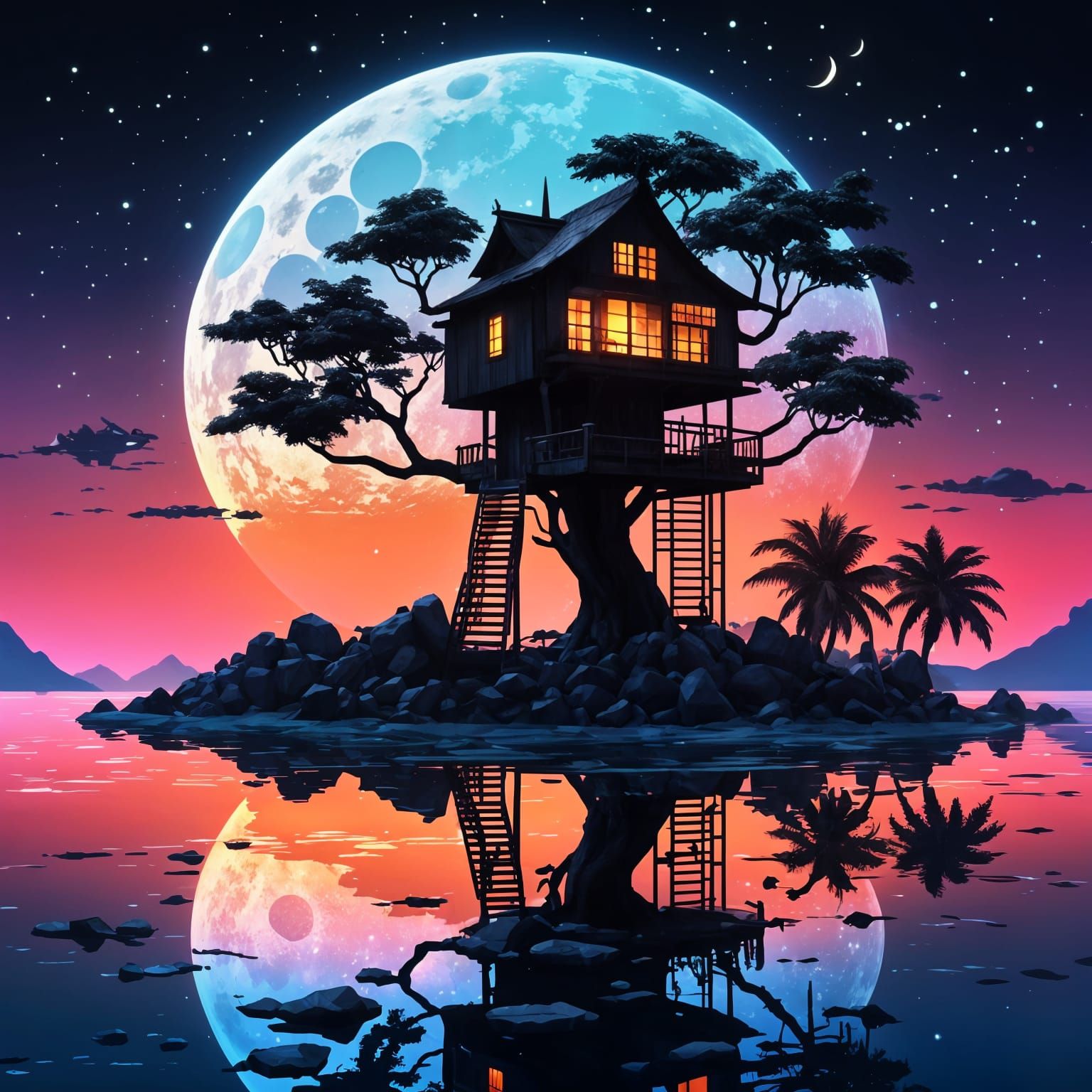 Surreal Ukiyo-e Silhouette of Treehouse Island at Neon Sunse...