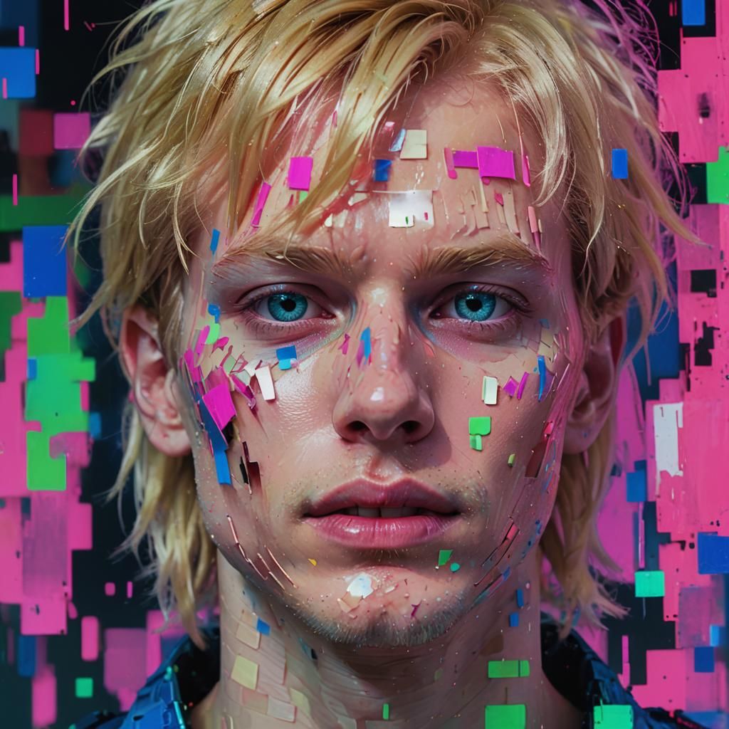 Glitch Art Portrait: Pixelated Blond Male Figure