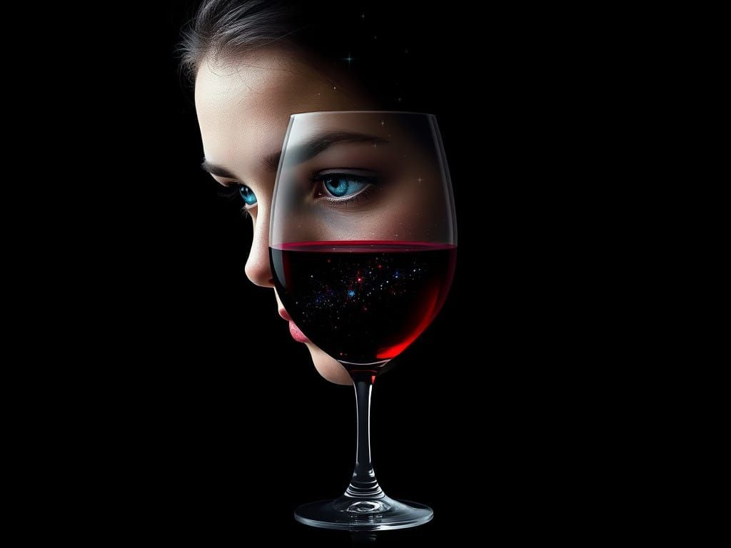 Surreal Female Face and Wine Double Exposure with Ethereal S...
