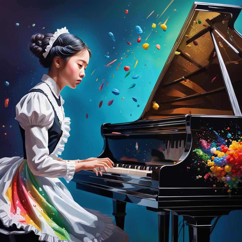 Hyperrealistic Maid Plays Piano with Dramatic Lighting