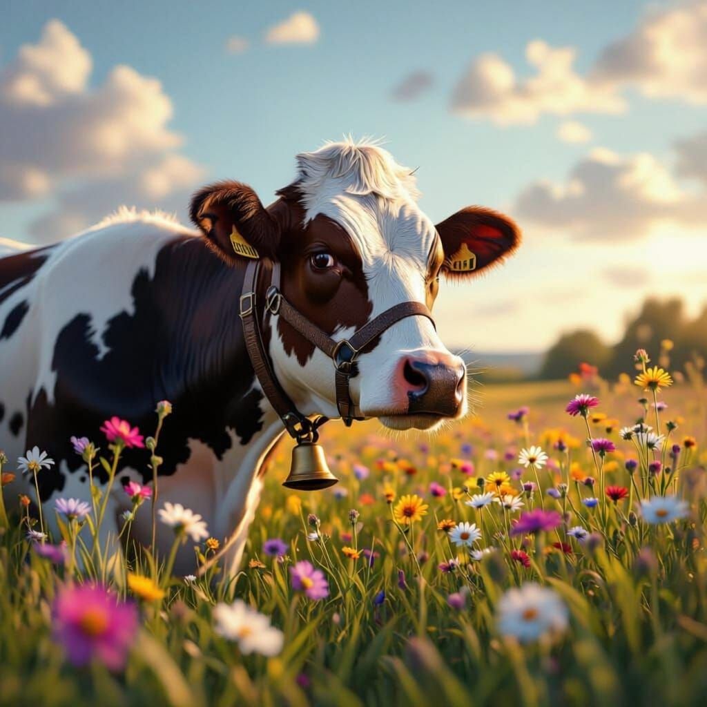 Guernsey Cow in Wildflower Field
