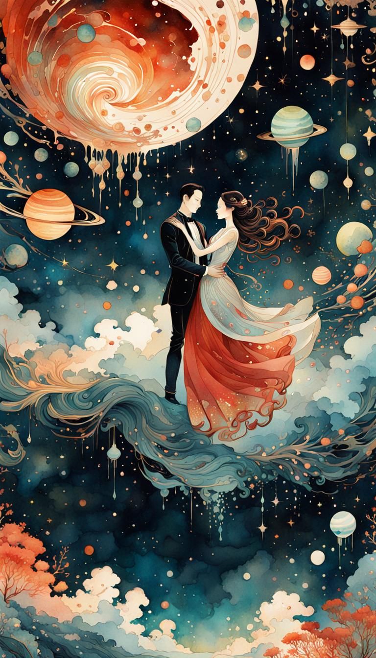 Galactic Love: Watercolor Painting of Couple in Sky