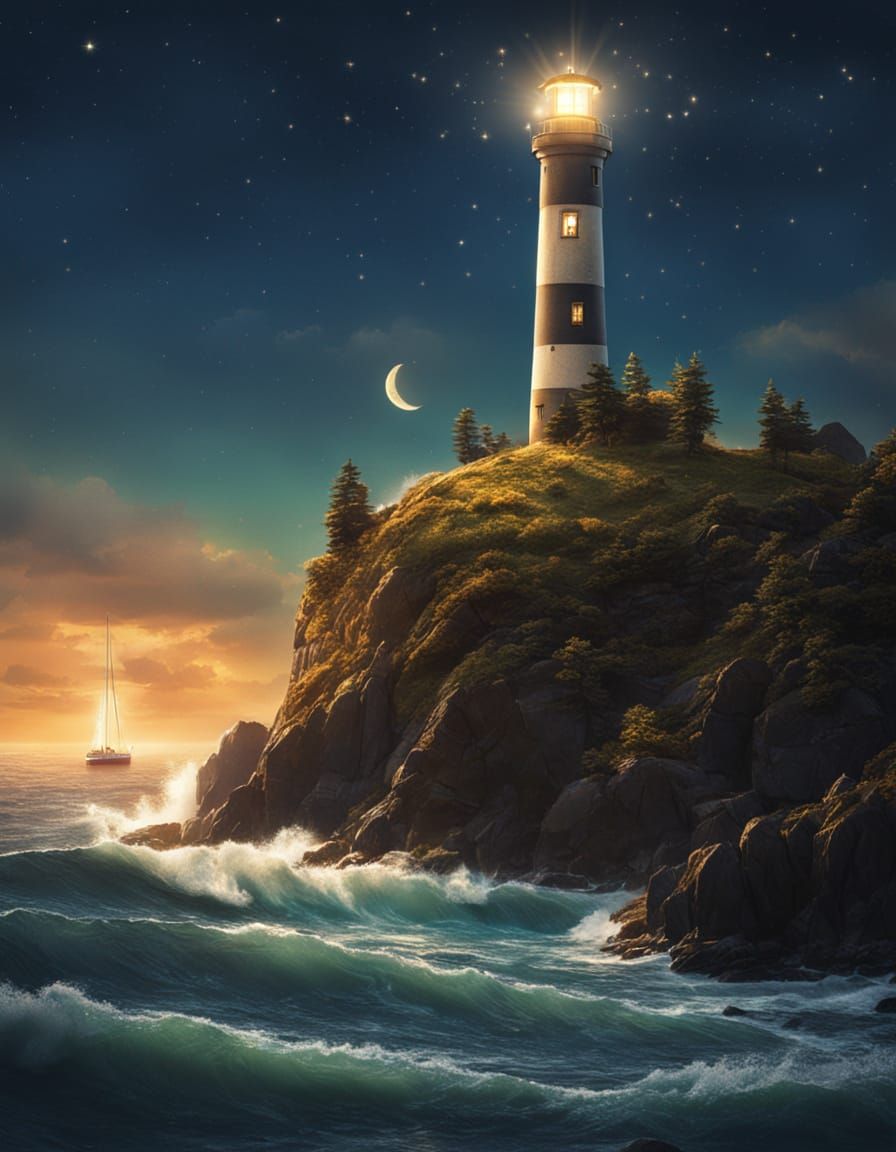 Lighthouse Shines on Starry Nightscape: Digital Art