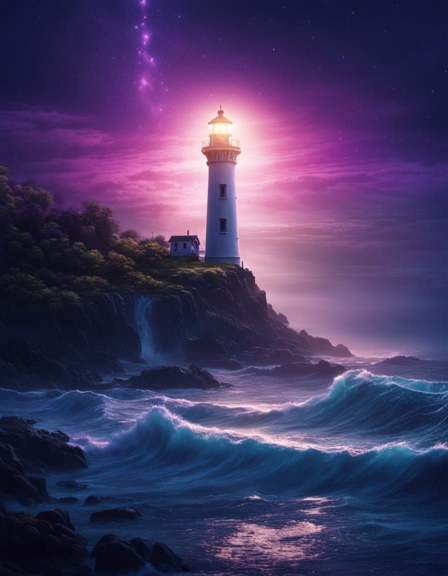 Fantasy Lighthouse Island in Moonlight