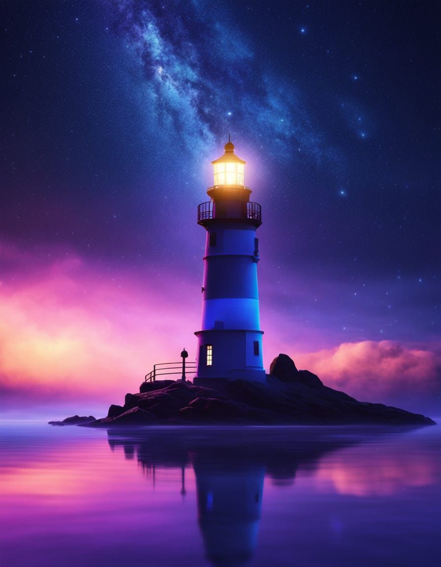 Lighthouse Illuminates Starry Island: Surreal Digital Art